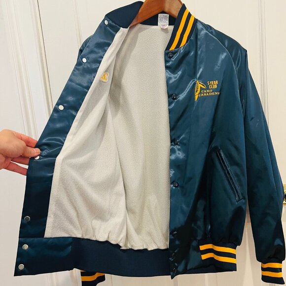 1960's 70s Camp Canadensis ILGWU Satin Varsity Jacket Men's L Navy Yellow - Picture 13 of 16